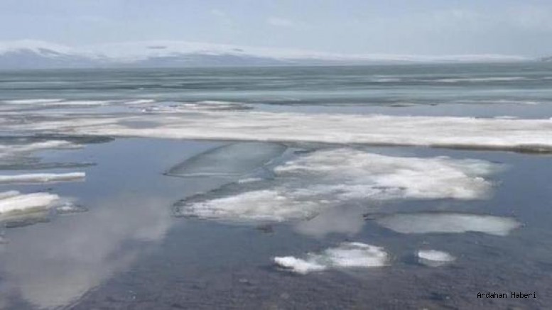 Çıldır Gölü'nü kaplayan buz tabakası erimeye başladı
